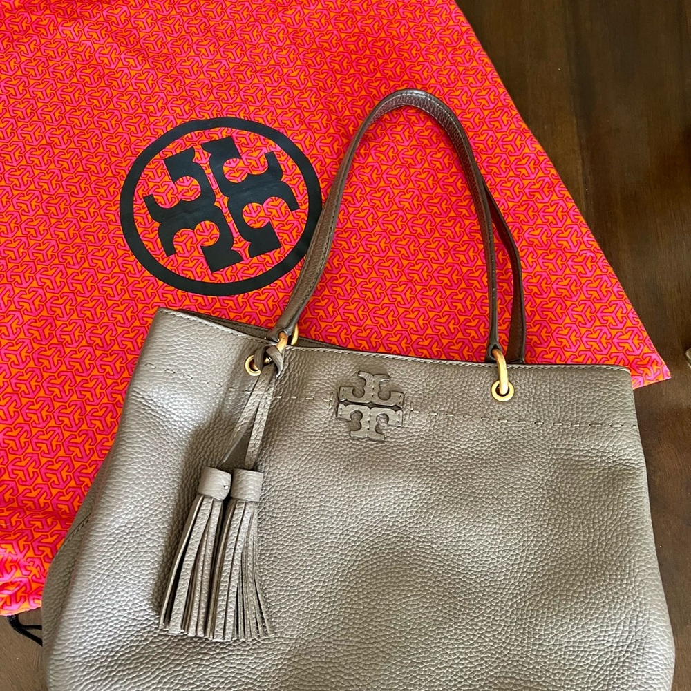 Tory Burch Gray Pebbled Leather Tote with Tassel